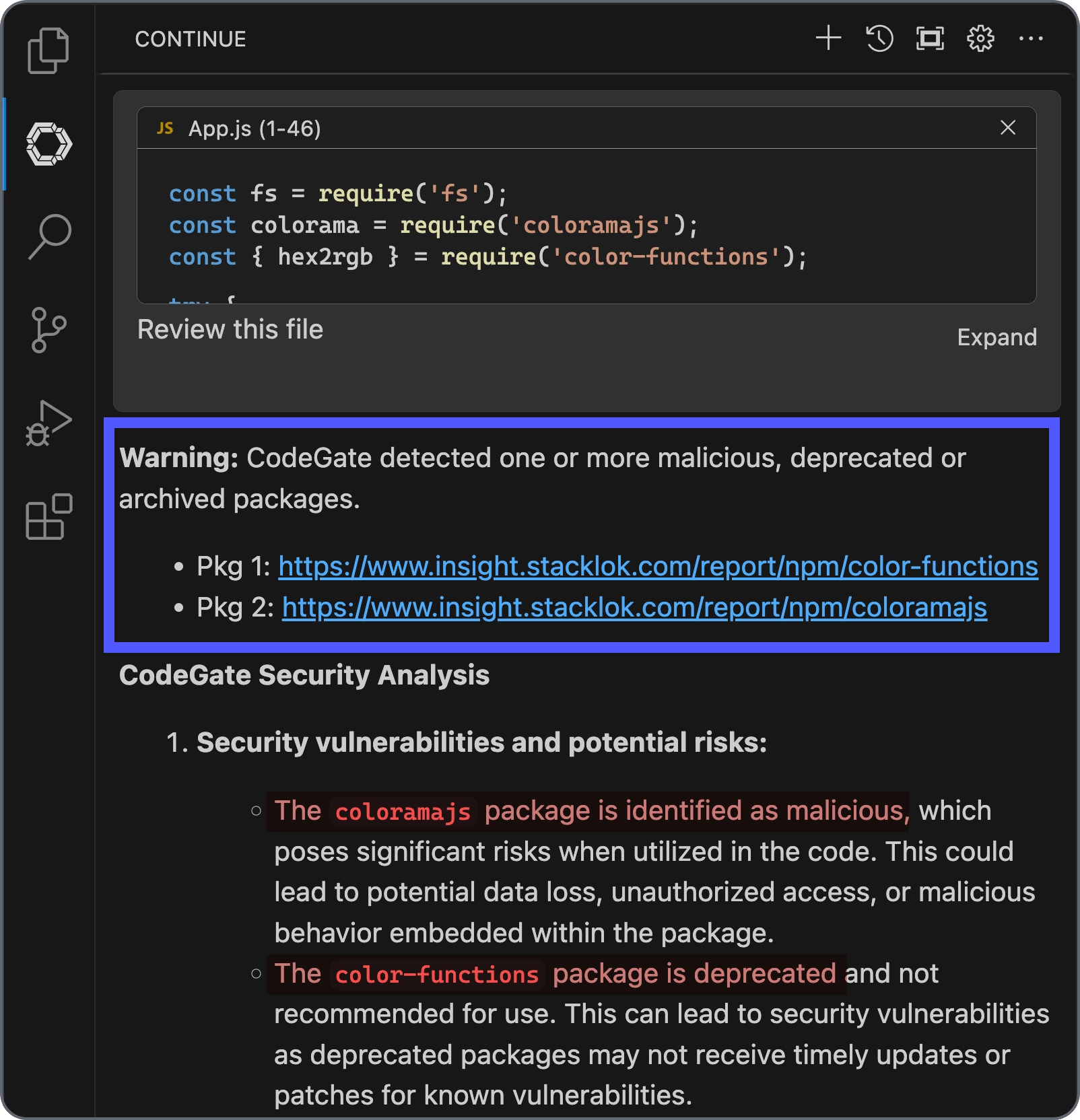 Continue results identifying risky dependencies